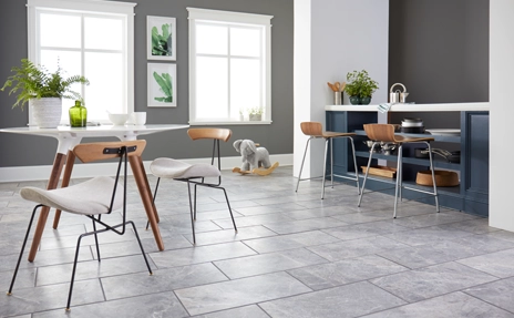  Tile flooring with modern furniture.